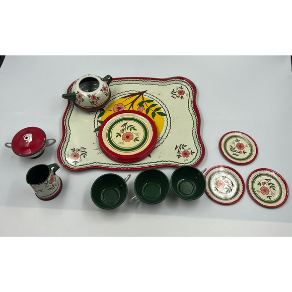 Antique 1930's Tin Ohio Art Co. Bryan Ohio Tea Set 14 Pieces Floral Pattern USA - Picture 9 of 11